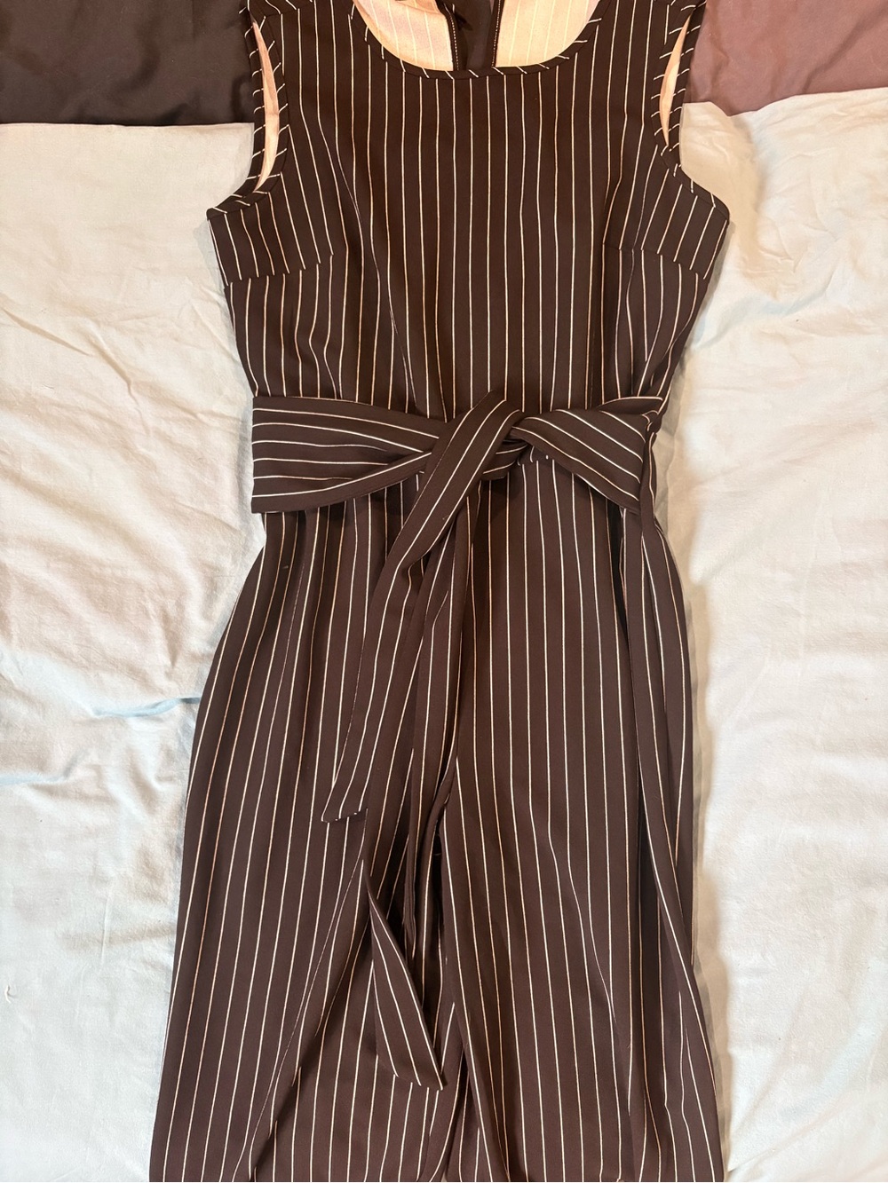 Suzy Shier Brown Pinstripe Sleeveless Jumpsuit with Waist Tie
